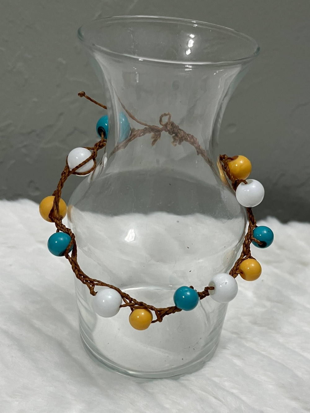 Handmade Knotted Brown Cord Bracelet Teal, White, and Mustard Beads waxed cord